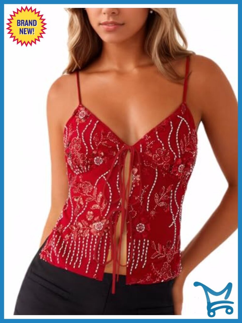 Y2K Sequin Rhinestone Cami Tie Up Deep V Neck Crop Tank Top Women